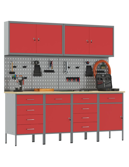 Set da 10 pezzi di armadietto per il lavoro e pannello forato  Rosso in MDF e Metallo
