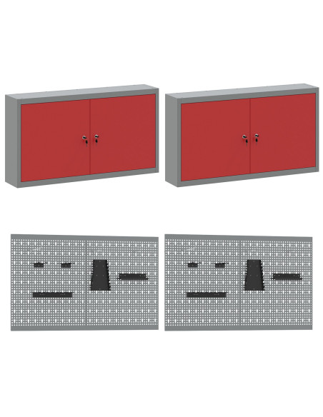 Set da 10 pezzi di armadietto per il lavoro e pannello forato  Rosso in MDF e Metallo