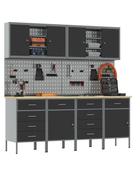 Set di 10 Pezzi di Armadietto e Pannello forato  Nero MDF e Metallo