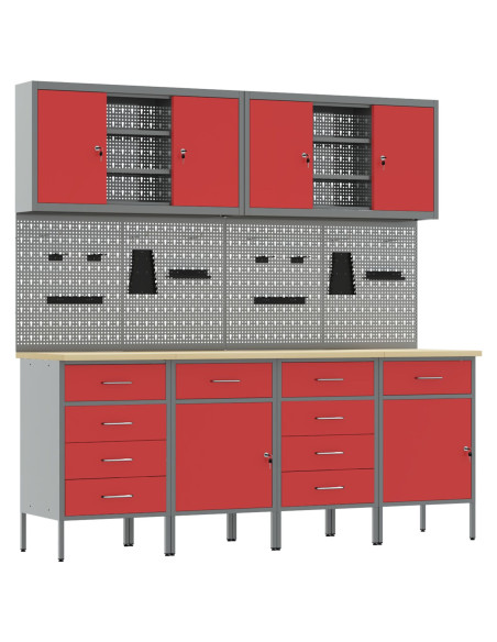 Set di mobili e pannello attrezzi di 10 pezzi rosso in MDF e metallo