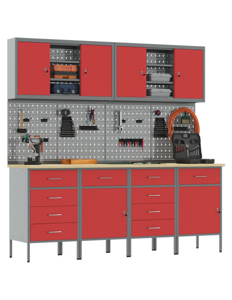 Set di mobili e pannello attrezzi di 10 pezzi rosso in MDF e metallo