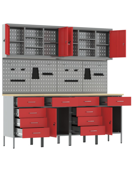 Set di mobili e pannello attrezzi di 10 pezzi rosso in MDF e metallo