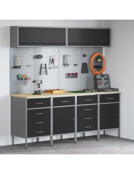 Set di Armadietto da Lavoro e Pannello Forato da 10 Pezzi  in MDF e Metallo Nero
