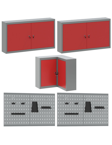 Set di armadietti e pannello forato da lavoro  12 pezzi Rosso MDF e Metallo