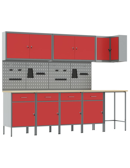 Set di armadietti e pannello forato da lavoro  12 pezzi Rosso MDF e Metallo