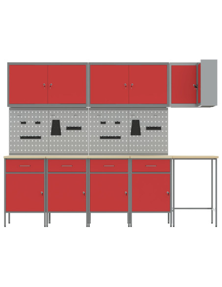 Set di armadietti e pannello forato da lavoro  12 pezzi Rosso MDF e Metallo