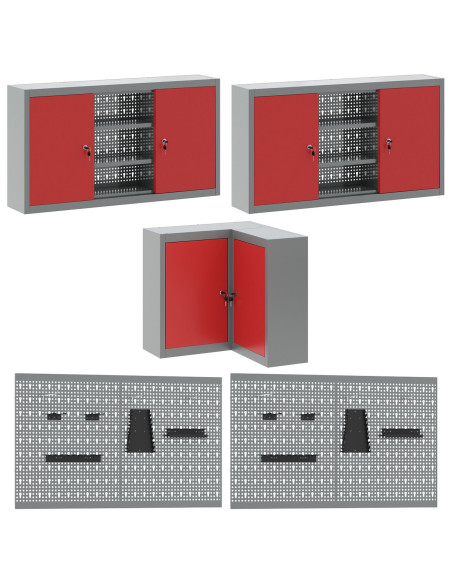 Set di armadietti da lavoro e pannelli forati da 12 pezzi  Rosso in MDF e Metallo