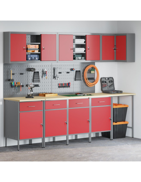 Set di armadietti da lavoro e pannelli forati da 12 pezzi  Rosso in MDF e Metallo