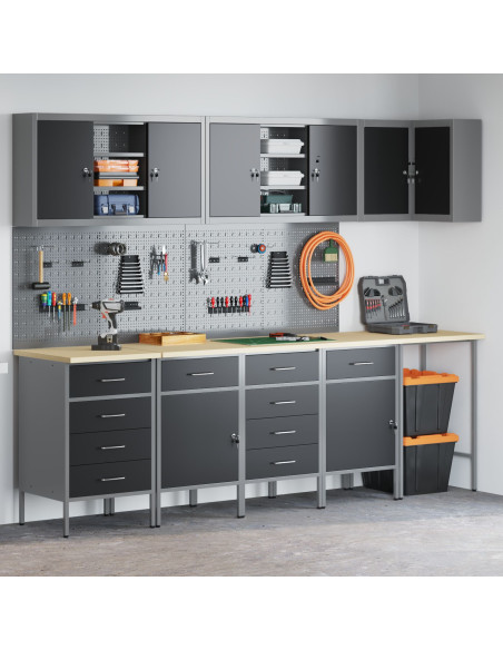 Set da 12 Pezzi per Armadio da Lavoro e Pannello Perforato Nero in MDF e Metallo