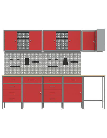 Set di Armadietti da Lavoro e Pannello Forato da 12 Pezzi Rosso in MDF e Metallo