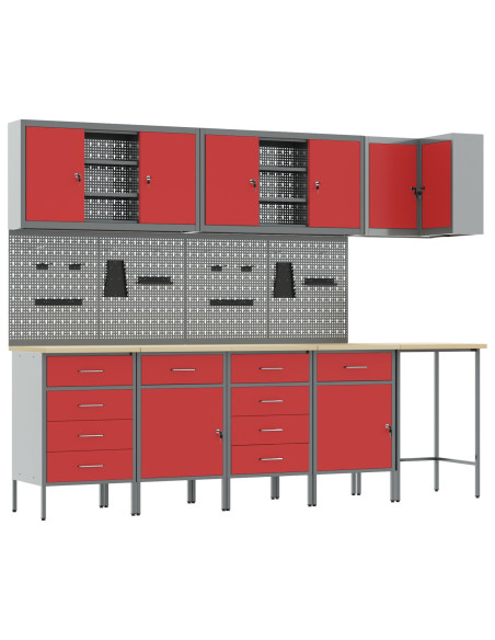 Set di Armadietti da Lavoro e Pannello Forato da 12 Pezzi Rosso in MDF e Metallo