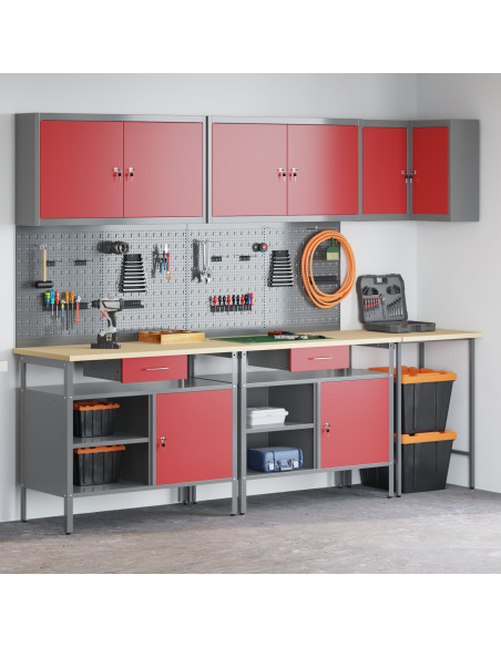 Set di Tavolo per Stoccaggio Attrezzi da 10 Pezzi Rosso in Legno Ingegnerizzato e Metallo