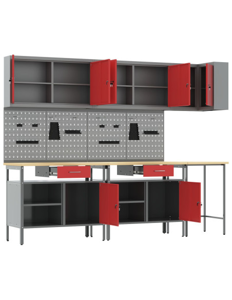 Set di mobili da lavoro con cassetto 10 pcs Rosso e Grigio