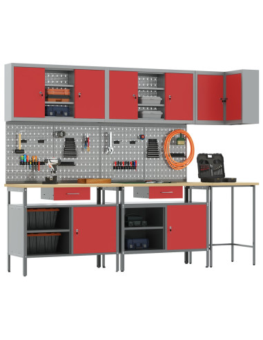 Set di mobili da lavoro con cassetto 10 pcs Rosso e Grigio