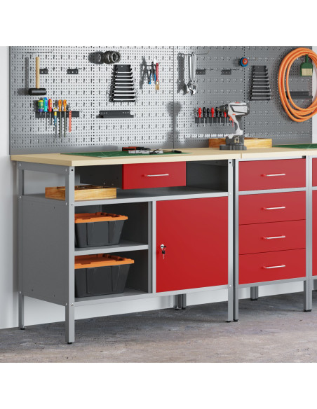 Banco da lavoro  con Porta Bloccabile Rosso 100x55x85 cm Acciaio