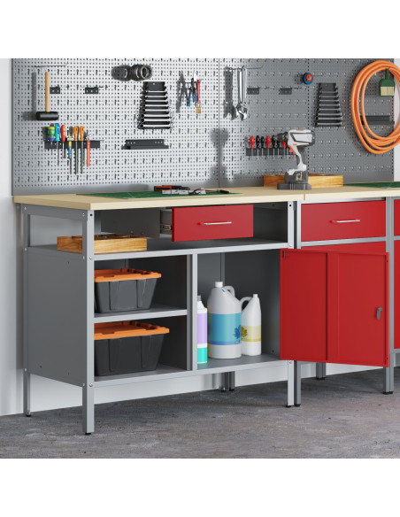 Banco da lavoro  con Porta Bloccabile Rosso 100x55x85 cm Acciaio