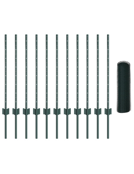 Pali da Recinzione  11 pz U-Channel Verde 80 cm Acciaio, Recinzione Esagonale  Verde 0,8x25 m Acciaio