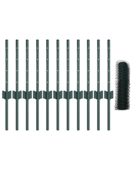 Pali per Recinzione  11 pz U-Channel Verde 40 cm Acciaio, Recinzione Esagonale  Verde 0.4x25 m Acciaio