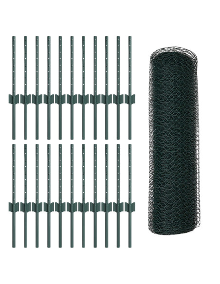 Posti di Recinzione  11 pz Canale a U Verde 40 cm Acciaio, Recinzione Esagonale Verde 0.4x50 m Acciaio