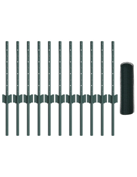 Pali di Recinzione  11 pz Canale a U Verde 40 cm Acciaio, Recinzione Esagonale  Verde 0,4x25 m Acciaio