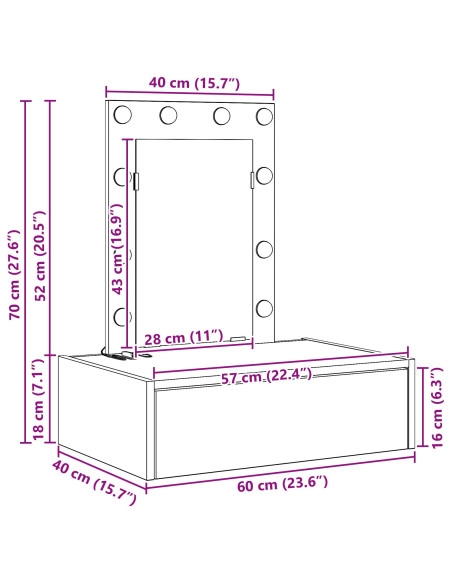Tavolo da trucco a parete con luci LED in legno antico
