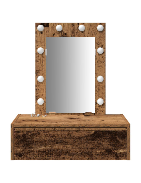 Tavolo da trucco a parete con luci LED in legno antico
