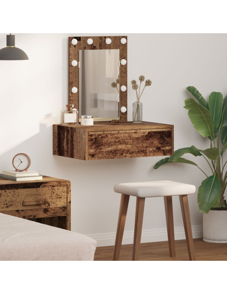 Tavolo da trucco a parete con luci LED in legno antico