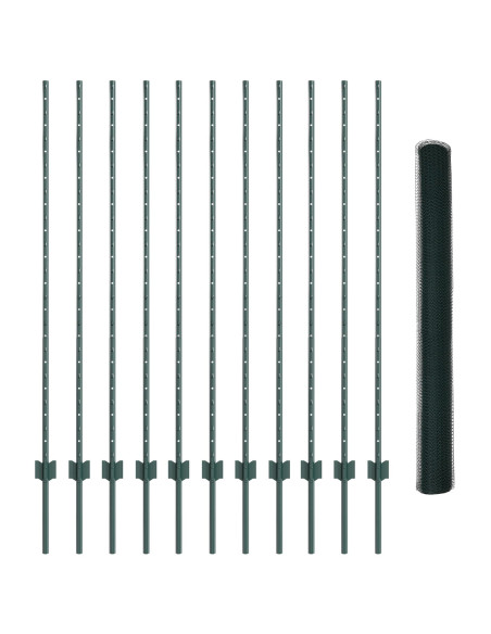 Posti per recinzione  11 pz U-Channel verde 140 cm in acciaio, Recinzione esagonale verde 1,4x25 m in acciaio