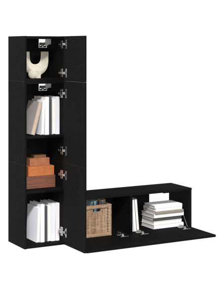 Set di mobili TV da parete 3 pezzi Nero Rovere in legno ingegnerizzato