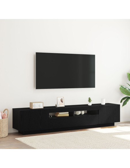 Mobile TV  con luci LED, nero Rovere, 200x35x40 cm, in legno ingegnerizzato