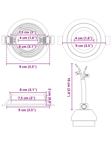 Faretti incassati  24 pz Rotondi GU10 Nero Ø91 mm