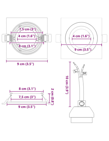 Faretti incassati  24 pz Quadrato GU10 Nero 91x91 mm