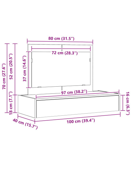 Tavolo da trucco appeso nera in rovere 100x40x70 cm