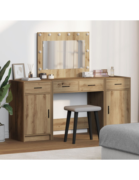 Set di Tavolo da Trucco  3 Pezzi con LED Rovere Artigianale Legno Ingegnerizzato