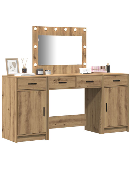 Set di Tavolo da Trucco  3 Pezzi con LED Rovere Artigianale Legno Ingegnerizzato