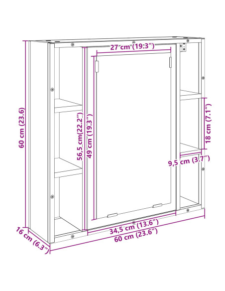 Mobiletto per specchio con porta Rovere Sonoma 60 x 16 x 60 cm