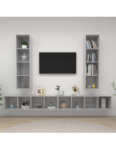 Mobile TV a Parete 4 pz Grigio Cemento in Legno Multistrato