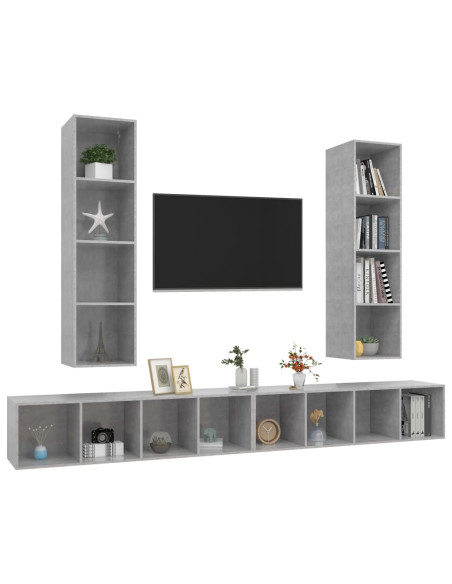 Mobile TV a Parete 4 pz Grigio Cemento in Legno Multistrato