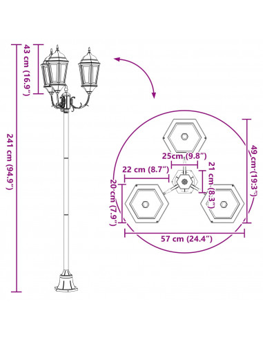 Palo da Giardino  con 3 Lampade E27 Bronzo 220 cm Alluminio