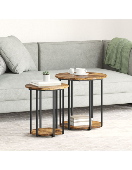Tavolino 2 pz Rovere Affumicato in Legno Compatto e Metallo