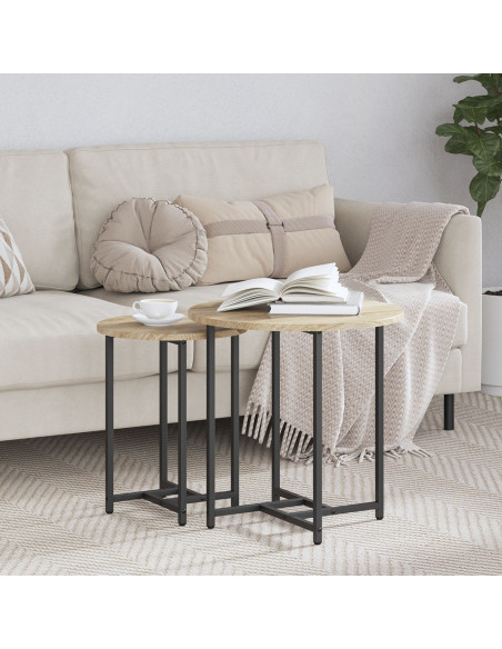 Set di 2 Tavolini in Legno Ingegnerizzato Rovere Sonoma e Metallo