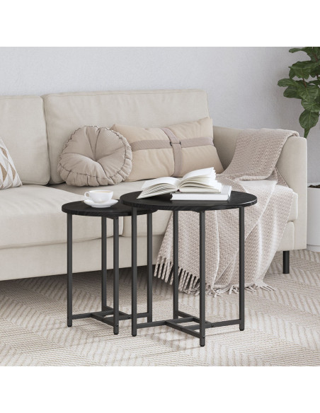 Set di 2 Tavolini in Legno di Quercia Nero e Metallo