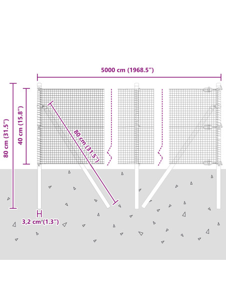 Recinzione in Rete Saldata  con 13 Pali Verde 0.4x50 m Acciaio