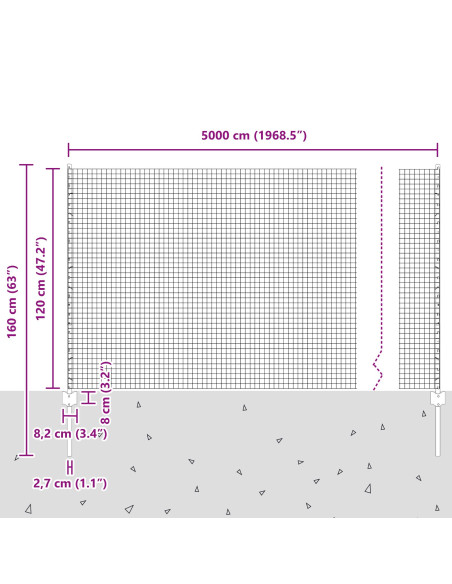 Recinzione con Posto Grigio 1,2 x 50 m Acciaio e PVC