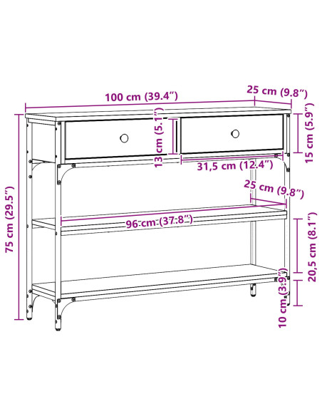 Tavolo Consolle  Quercia Artigianale 100x25x75 cm Legno Ingegnerizzato e Acciaio