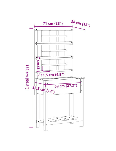 Fioriera da Giardino con Trellis e Ripiano 71x37x152 cm in Legno Massello di Abete