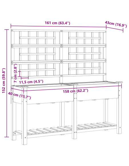 Vaso da Giardino  con Trellis e Ripiano 161x43x152 cm in Legno Massello di Pino