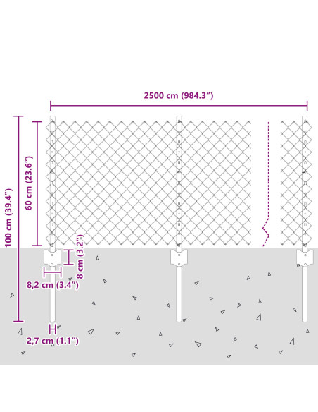 Recinzione a Maglie Metalliche  con 22 Pali U Argento 0.6x25 m in Acciaio
