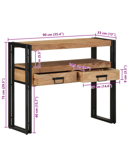 Tavolo Consolle Nero 90x33x75 cm Legno Massello di Acacia e Metallo