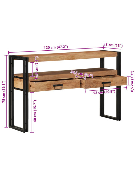 Tavolini  Neri 120x33x75 cm in Legno Massello di Acacia e Metallo